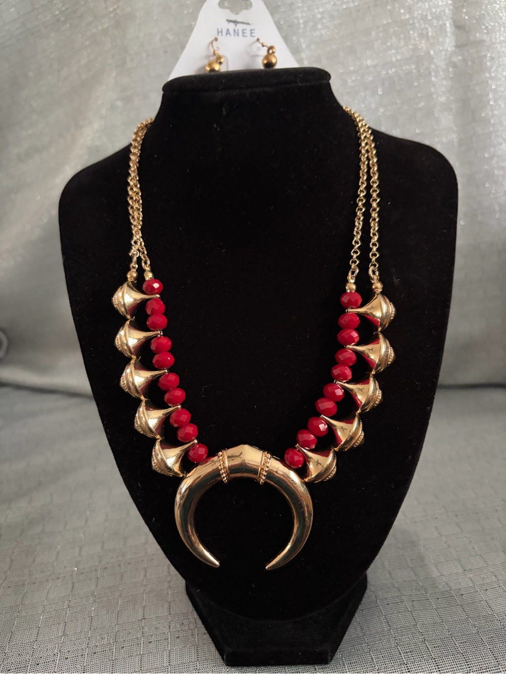 Hanee Gold-Tone Crescent Necklace with Red Beads
